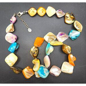 Multicolor Necklace Mother Of Pearl Irregular Stone Artisan Sterling Clasp DH139